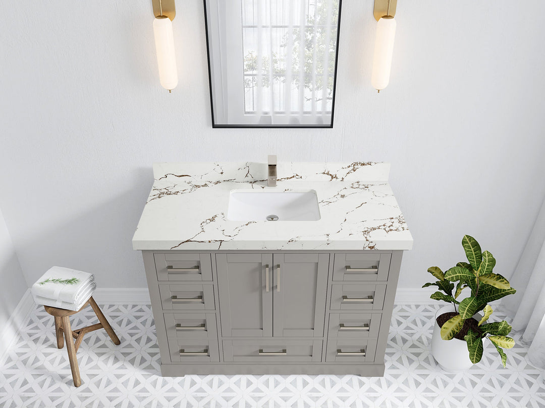 Boston 48 in. W x 22 in. D Single Sink Bathroom Vanity in Elephant Skin Gray with 2 in Viola Gold Quartz Countertop - Top View