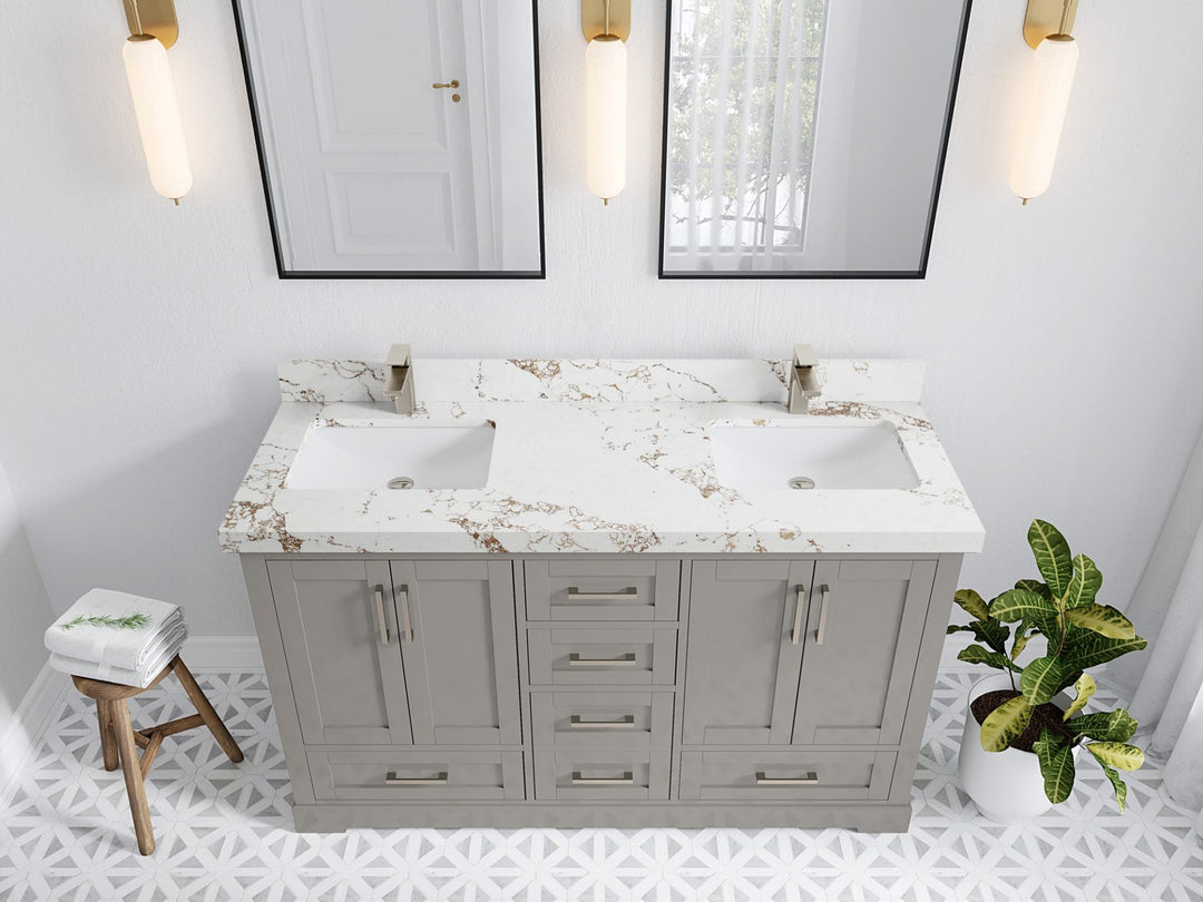 Boston 60 in. W x 22 in. D Double Sink Bathroom Vanity in Elephant Skin Gray with 2 in Viola Gold Quartz Countertop - Top View