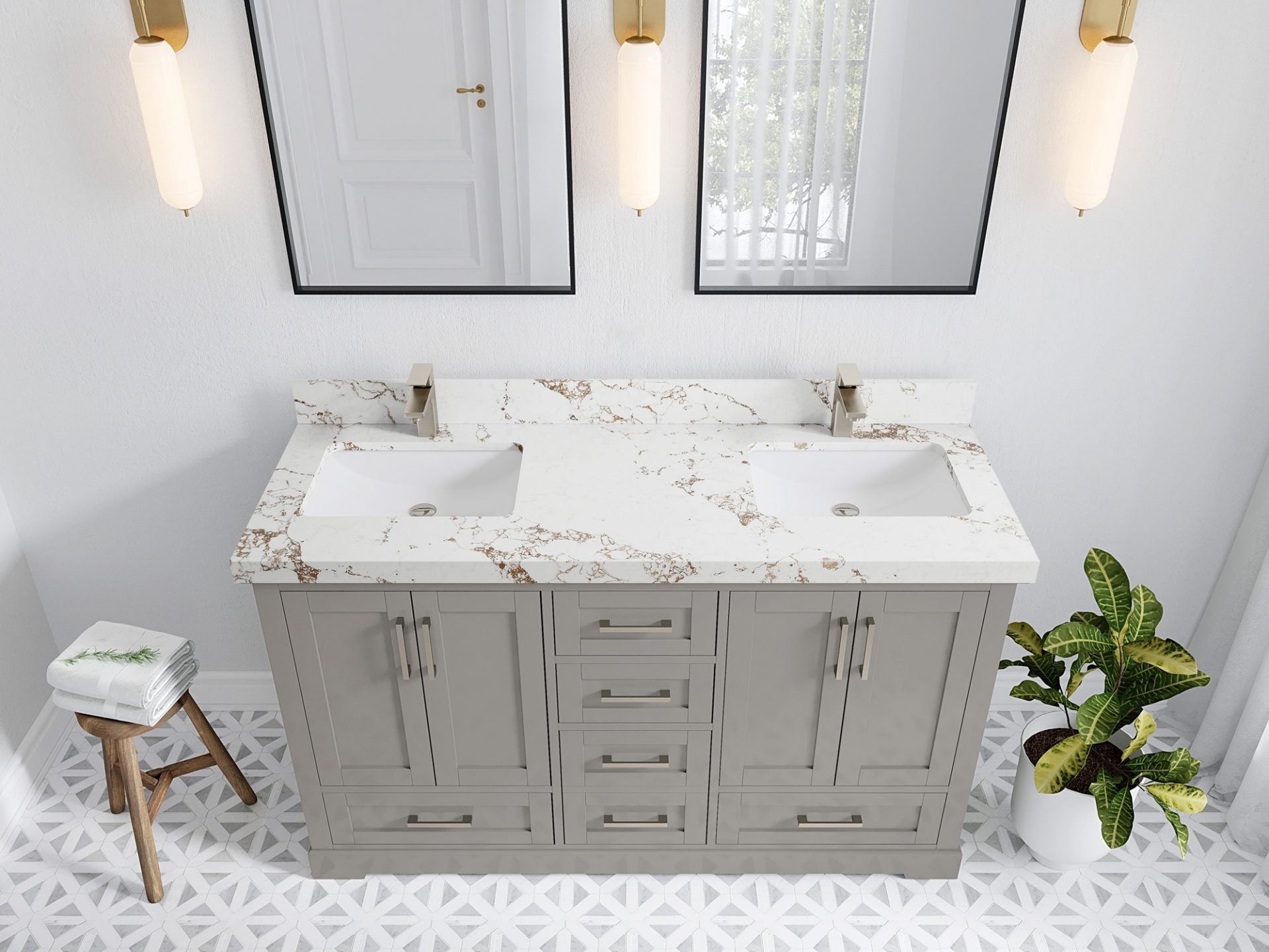 Boston 60 in. W x 22 in. D Double Sink Bathroom Vanity in Elephant Skin Gray with 2 in Viola Gold Quartz Countertop - Top View