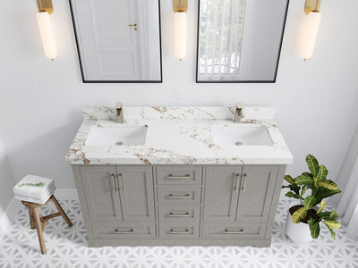 Boston 60 in. W x 22 in. D Double Sink Bathroom Vanity in Elephant Skin Gray with 2 in Viola Gold Quartz Countertop - Top View