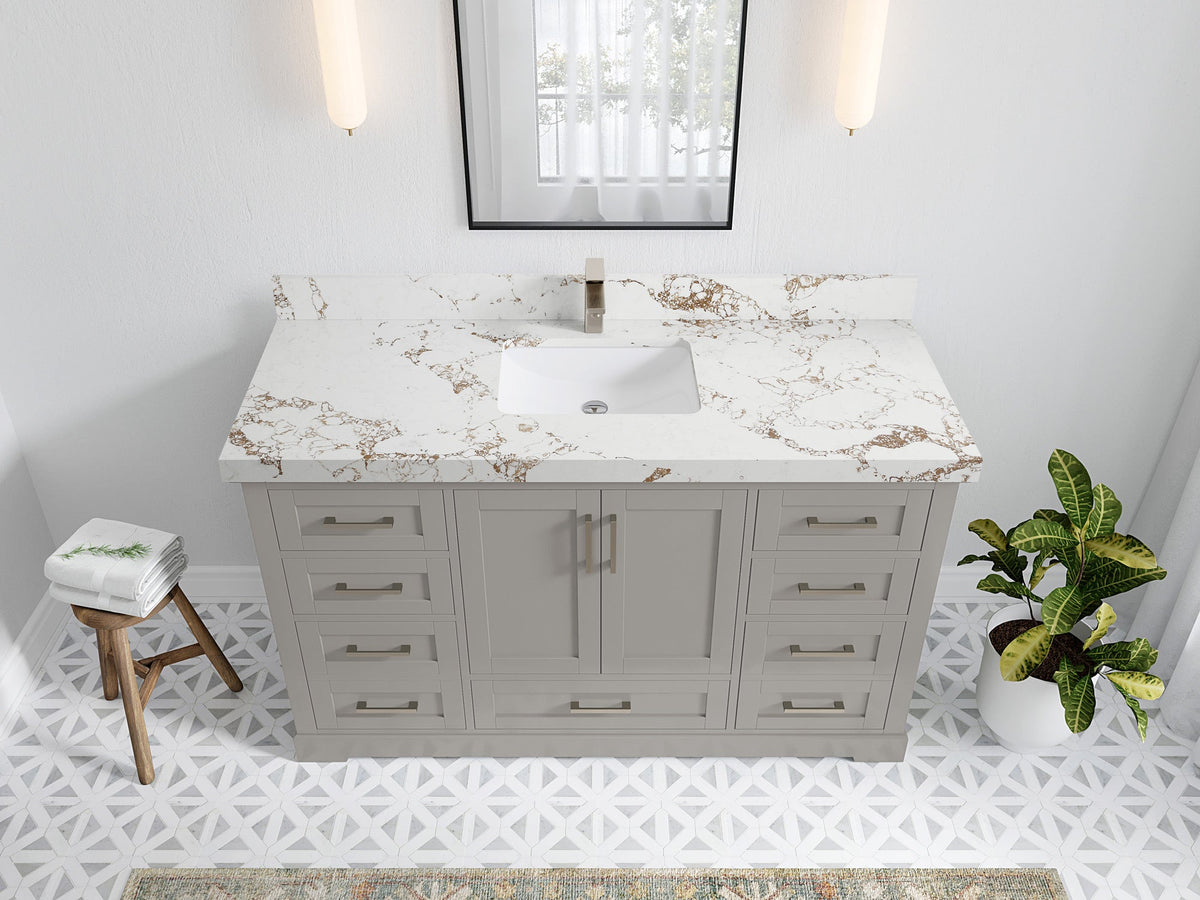 Boston 60 in. W x 22 in. D Single Sink Bathroom Vanity in Elephant Skin Gray with 2 in Viola Gold Quartz Countertop - Top View
