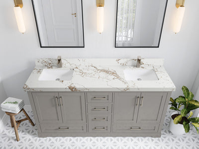 Boston 72 in. W x 22 in. D Double Sink Bathroom Vanity in Elephant Skin Gray with 2 in Viola Gold Quartz Countertop - Top View