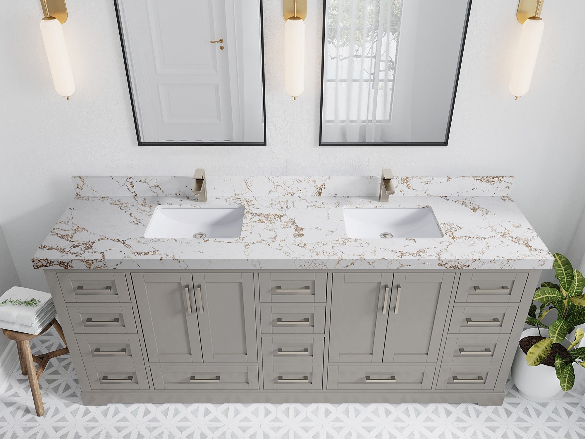 Boston 84 in. W x 22 in. D Double Sink Bathroom Vanity in Elephant Skin Gray with 2 in Viola Gold Quartz Countertop - Top View