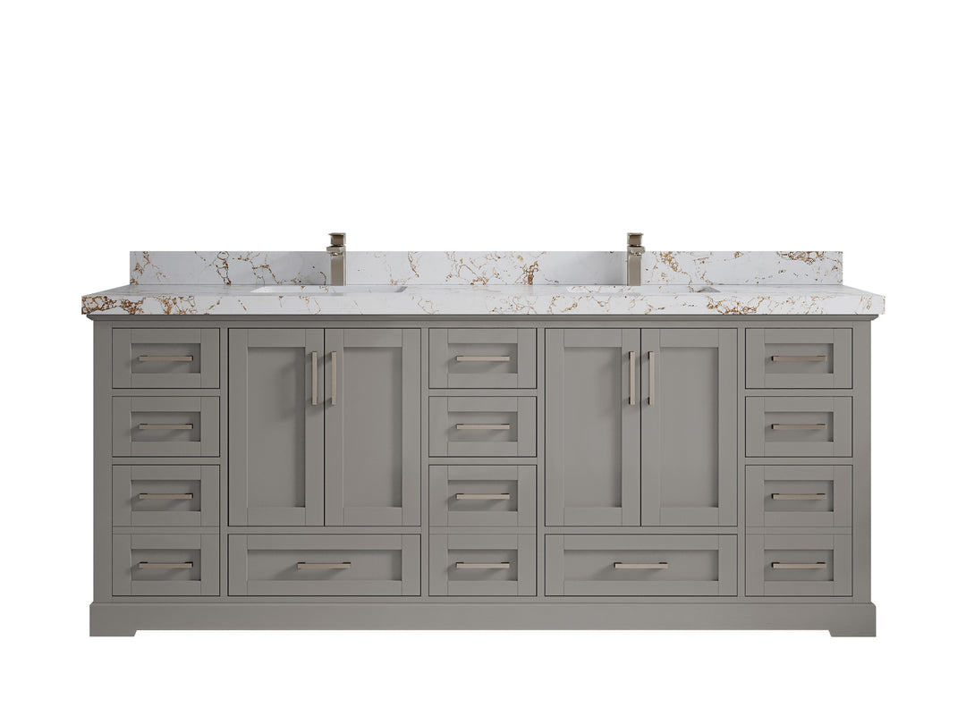Boston 84 in. W x 22 in. D Double Sink Bathroom Vanity in Elephant Skin Gray with 2 in Viola Gold Quartz Countertop