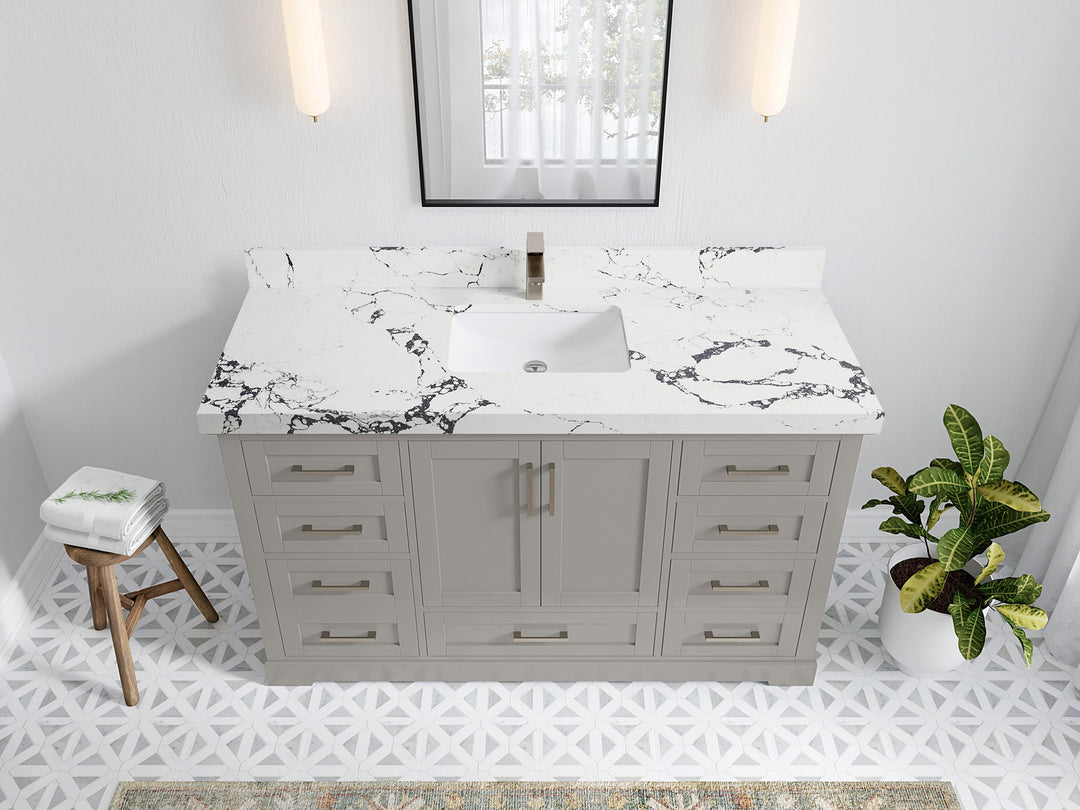 Boston 60 in. W x 22 in. D Single Sink Bathroom Vanity in Elephant Skin Gray with 2 in Viola Night Quartz Countertop - Top View