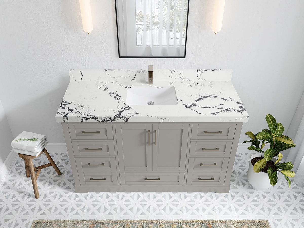 Boston 60 in. W x 22 in. D Single Sink Bathroom Vanity in Elephant Skin Gray with 2 in Viola Night Quartz Countertop - Top View