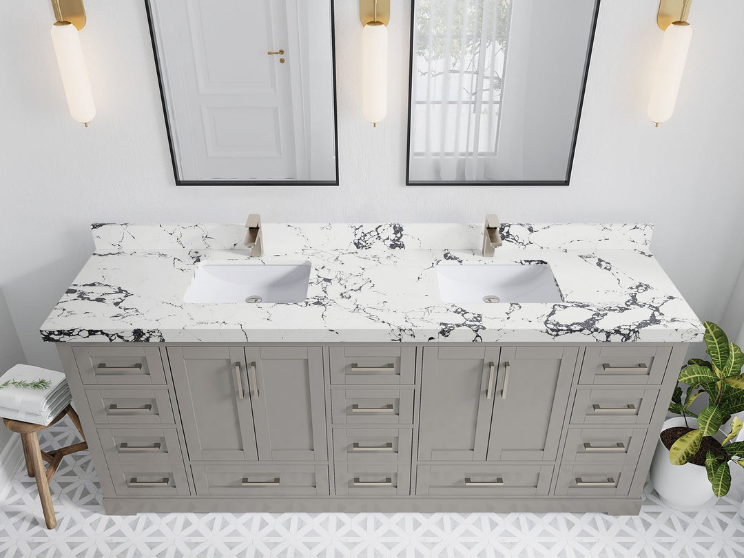 Boston 84 in. W x 22 in. D Double Sink Bathroom Vanity in Elephant Skin Gray with 2 in Viola Night Quartz Countertop - Top View