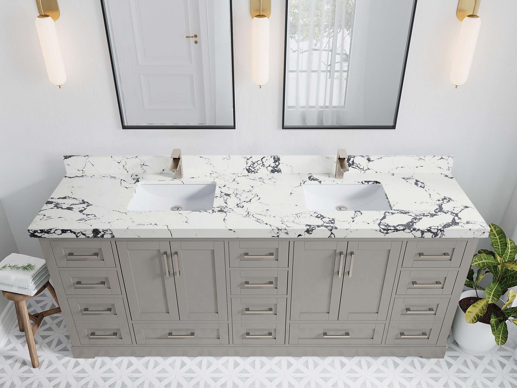 Boston 84 in. W x 22 in. D Double Sink Bathroom Vanity in Elephant Skin Gray with 2 in Viola Night Quartz Countertop - Top View