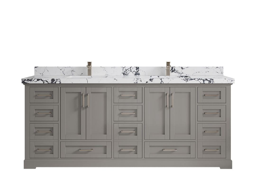 Boston 84 in. W x 22 in. D Double Sink Bathroom Vanity in Elephant Skin Gray with 2 in Viola Night Quartz Countertop