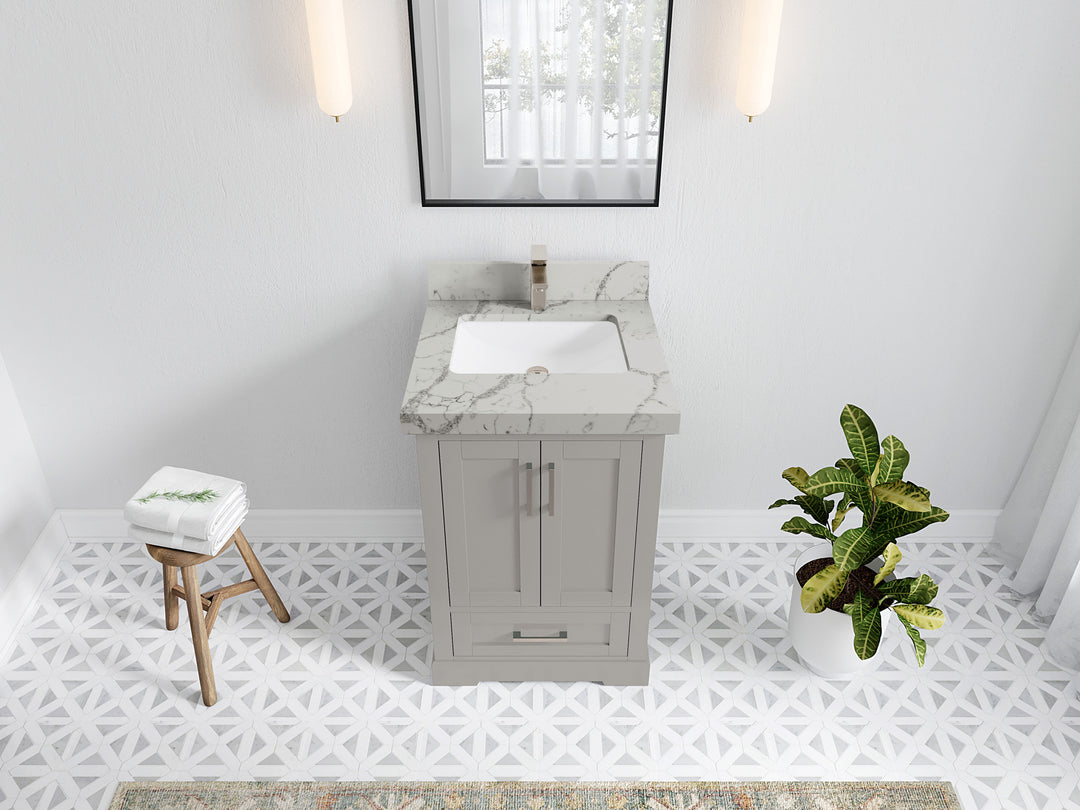 Boston 24 in. W x 22 in. D Single Sink Bathroom Vanity in Elephant Skin Gray with 2 in Venatino Quartz Countertop - Top View