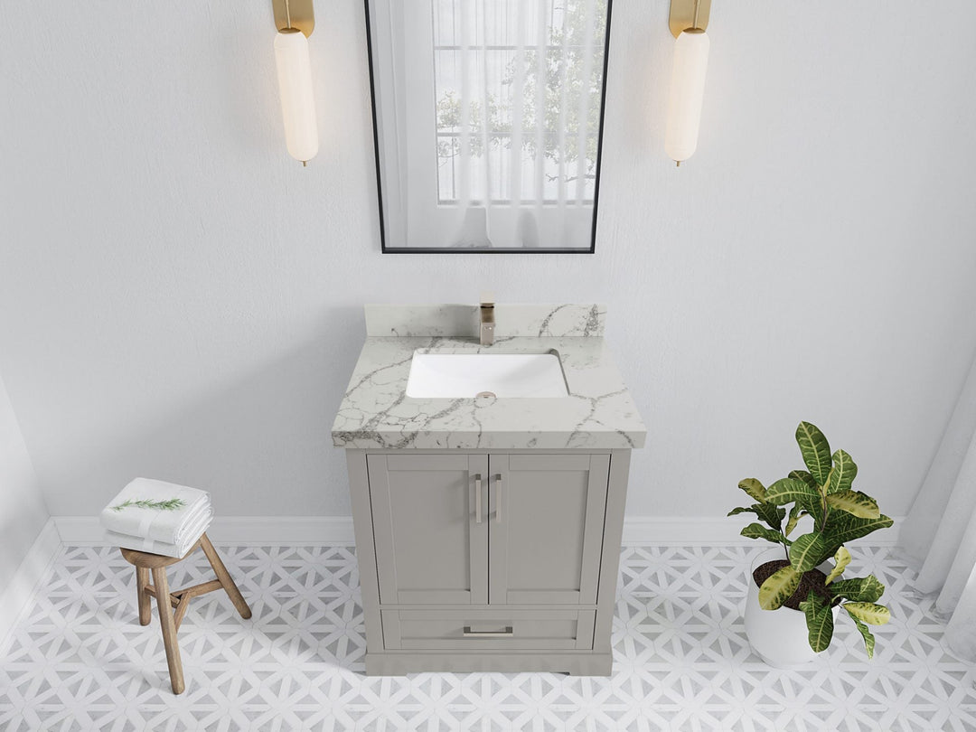 Boston 30 in. W x 22 in. D Single Sink Bathroom Vanity in Elephant Skin Gray with 2 in Venatino Quartz Countertop - Top View