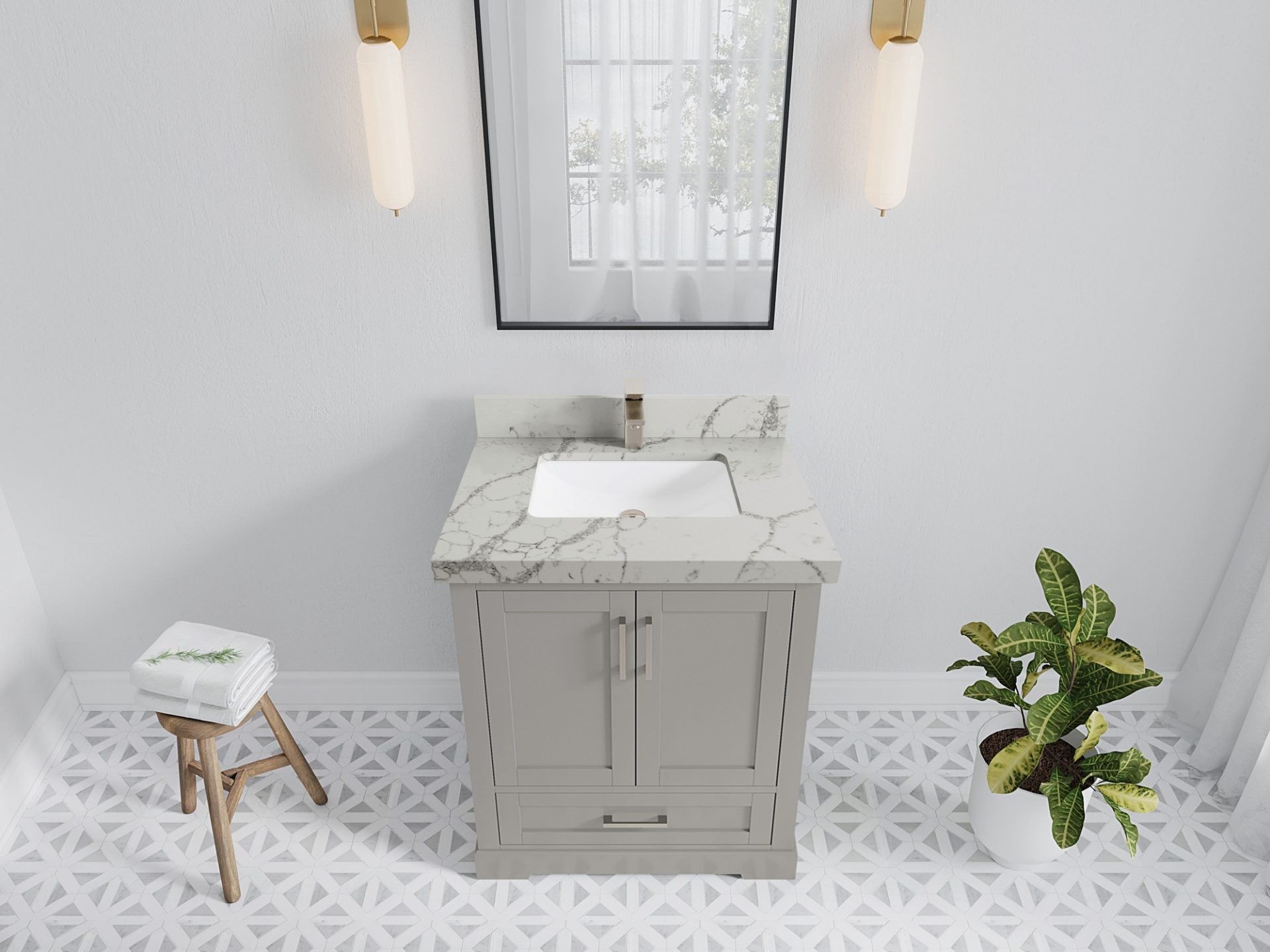 Boston 30 in. W x 22 in. D Single Sink Bathroom Vanity in Elephant Skin Gray with 2 in Venatino Quartz Countertop - Top View