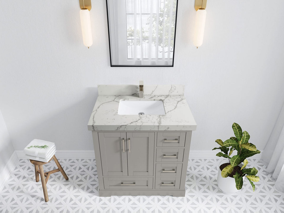 Boston 36 in. W x 22 in. D Single Sink Bathroom Vanity in Elephant Skin Gray with 2 in Venatino Quartz Countertop - Top View