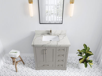Boston 36 in. W x 22 in. D Single Sink Bathroom Vanity in Elephant Skin Gray with 2 in Venatino Quartz Countertop - Top View