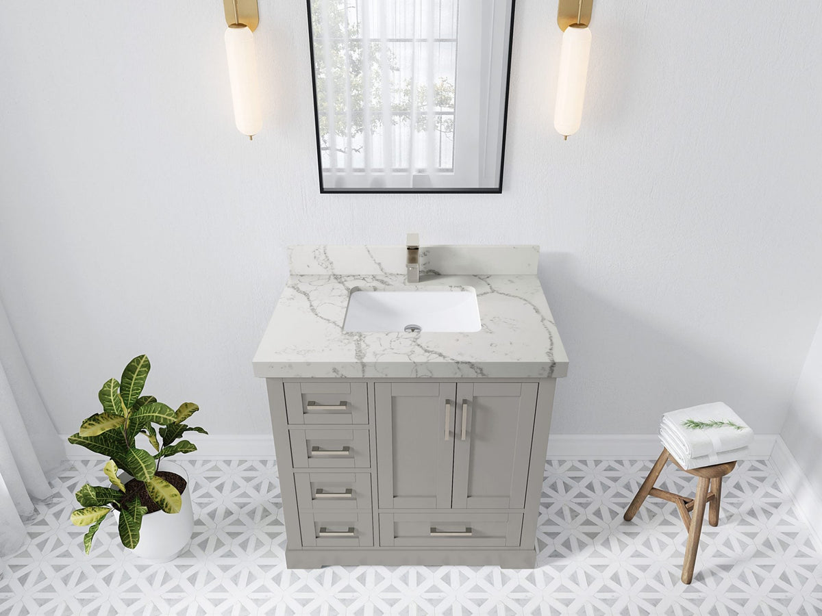 Boston 36 in. W x 22 in. D Single Sink Bathroom Vanity in Elephant Skin Gray with 2 in Venatino Quartz Countertop - Top View