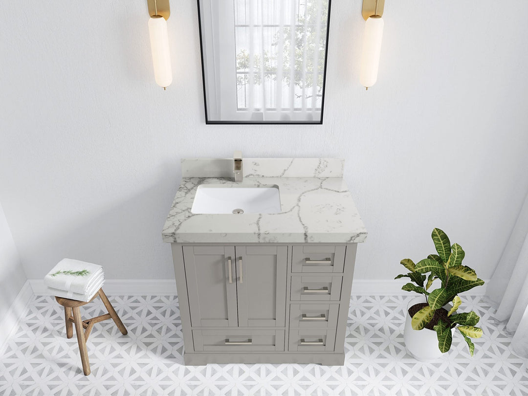 Boston 36 in. W x 22 in. D Single Sink Bathroom Vanity in Elephant Skin Gray with 2 in Venatino Quartz Countertop - Top View