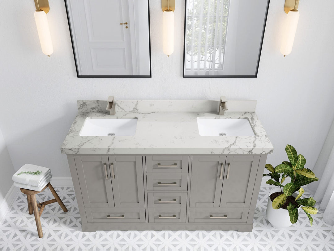 Boston 60 in. W x 22 in. D Double Sink Bathroom Vanity in Elephant Skin Gray with 2 in Venatino Quartz Countertop - Top View