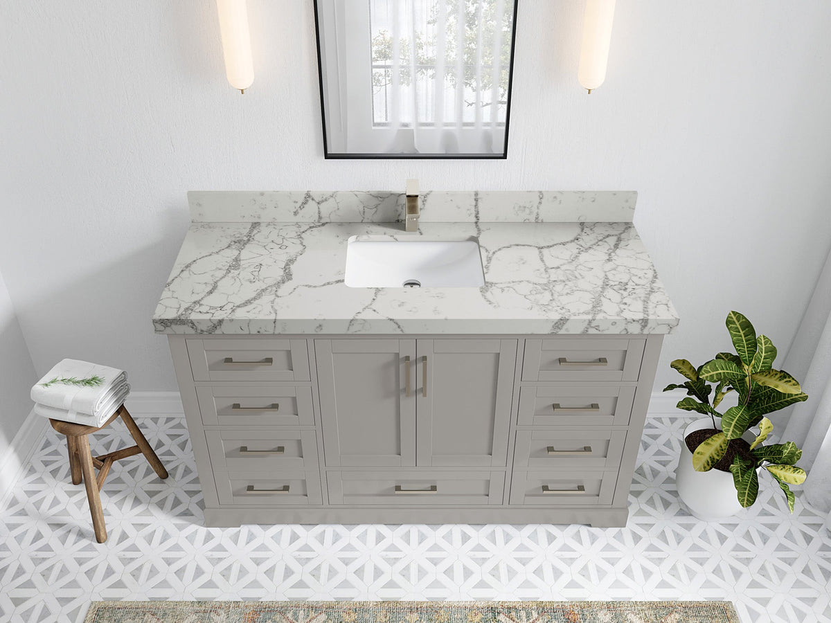 Boston 60 in. W x 22 in. D Single Sink Bathroom Vanity in Elephant Skin Gray with 2 in Venatino Quartz Countertop - Top View