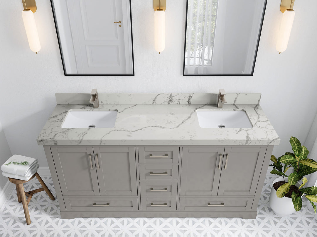 Boston 72 in. W x 22 in. D Double Sink Bathroom Vanity in Elephant Skin Gray with 2 in Venatino Quartz Countertop - Top View