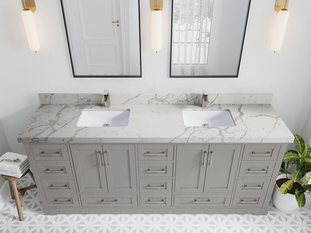 Boston 84 in. W x 22 in. D Double Sink Bathroom Vanity in Elephant Skin Gray with 2 in Venatino Quartz Countertop - Top View