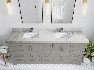 Boston 84 in. W x 22 in. D Double Sink Bathroom Vanity in Elephant Skin Gray with 2 in Venatino Quartz Countertop - Top View