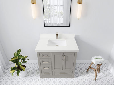 Boston 36 in. W x 22 in. D Single Sink Bathroom Vanity in Elephant Skin Gray with 2 in White Quartz Countertop - Top View