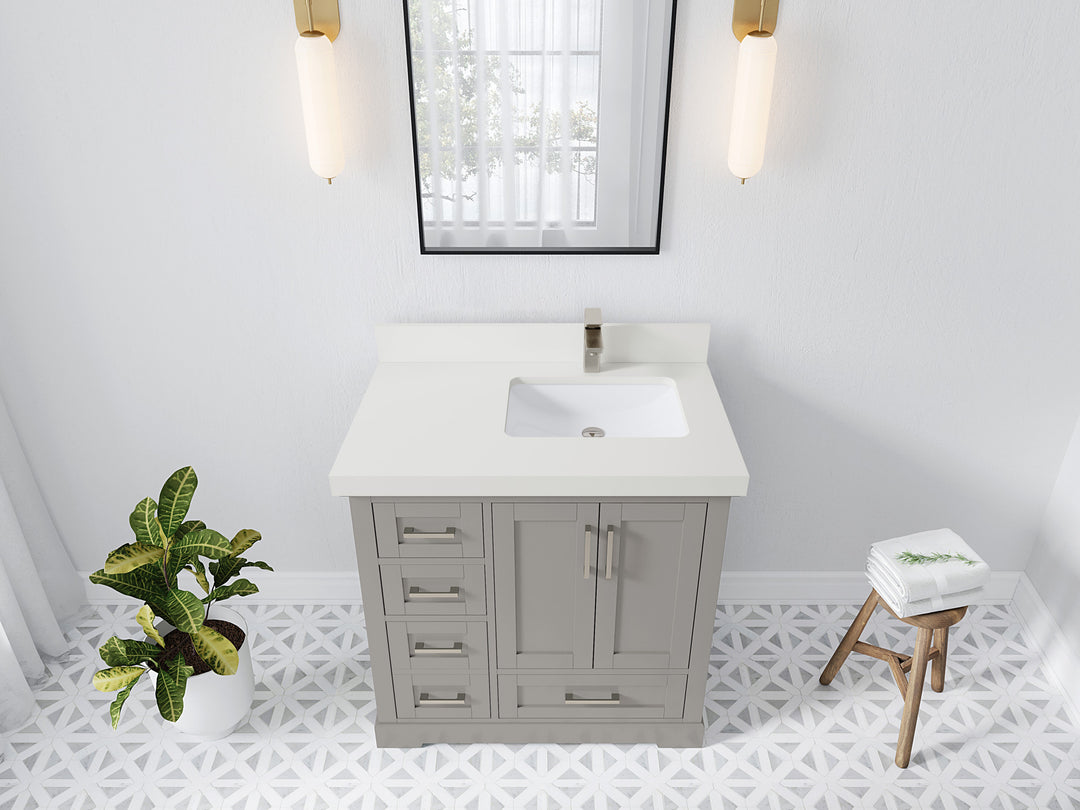 Boston 36 in. W x 22 in. D Single Sink Bathroom Vanity in Elephant Skin Gray with 2 in White Quartz Countertop - Top View
