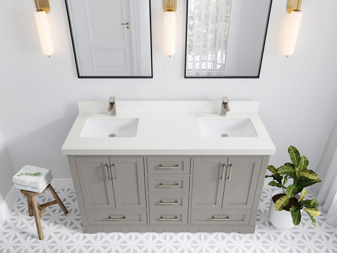 Boston 60 in. W x 22 in. D Double Sink Bathroom Vanity in Elephant Skin Gray with 2 in White Quartz Countertop - Top View
