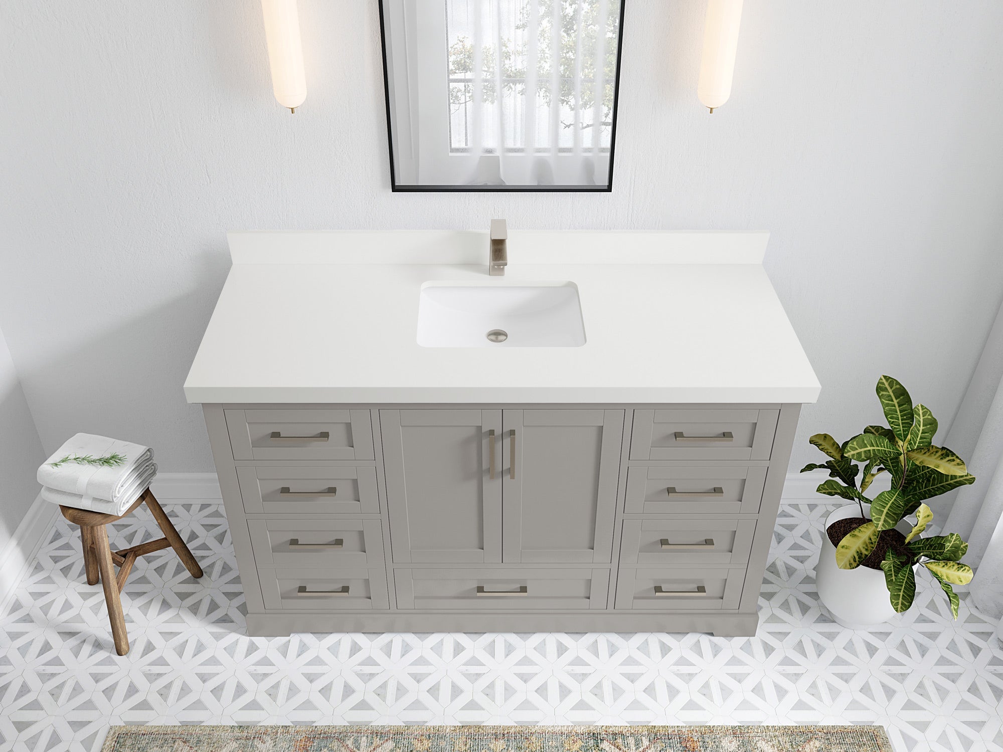 Boston 60 in. W x 22 in. D Single Sink Bathroom Vanity in Elephant Skin Gray with 2 in White Quartz Countertop - Top View