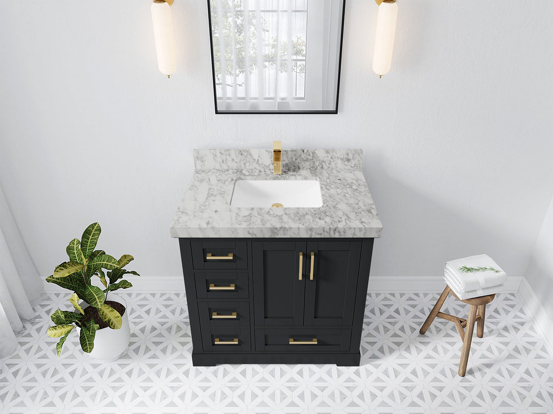 Boston 36 in. W x 22 in. D Single Sink Bathroom Vanity in Wrought Iron with 2 in Carrara Marble Countertop - Top View