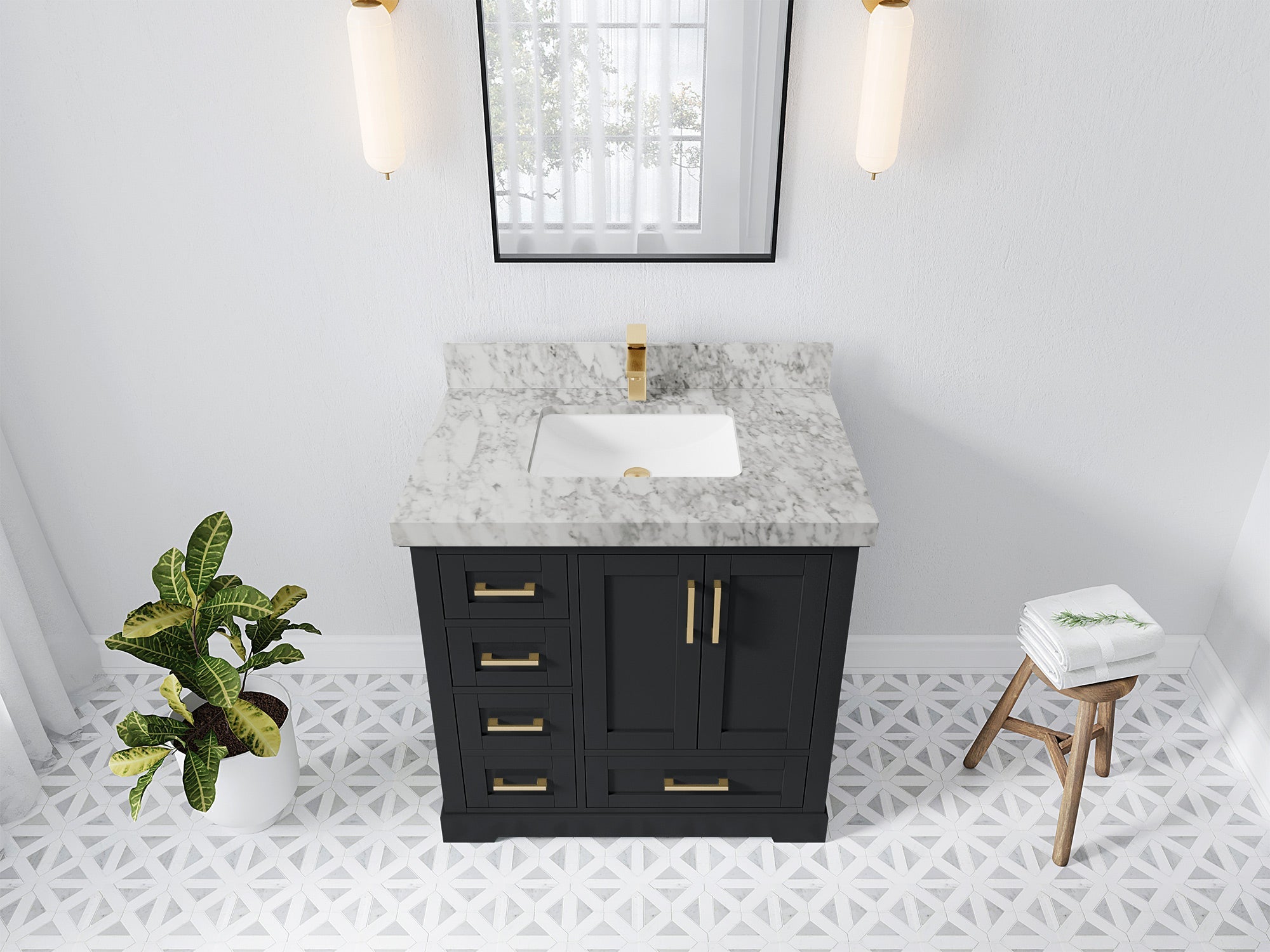 Boston 36 in. W x 22 in. D Single Sink Bathroom Vanity in Wrought Iron with 2 in Carrara Marble Countertop - Top View