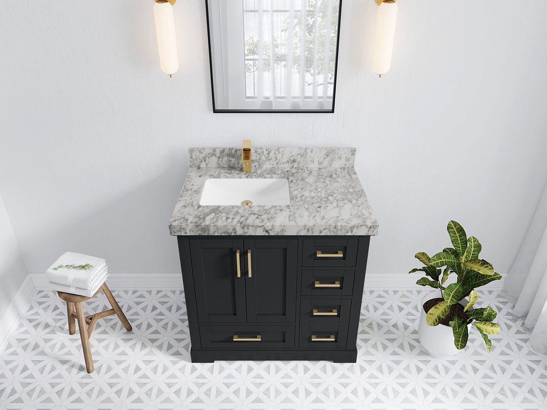 Boston 36 in. W x 22 in. D Single Sink Bathroom Vanity in Wrought Iron with 2 in Carrara Marble Countertop - Top View