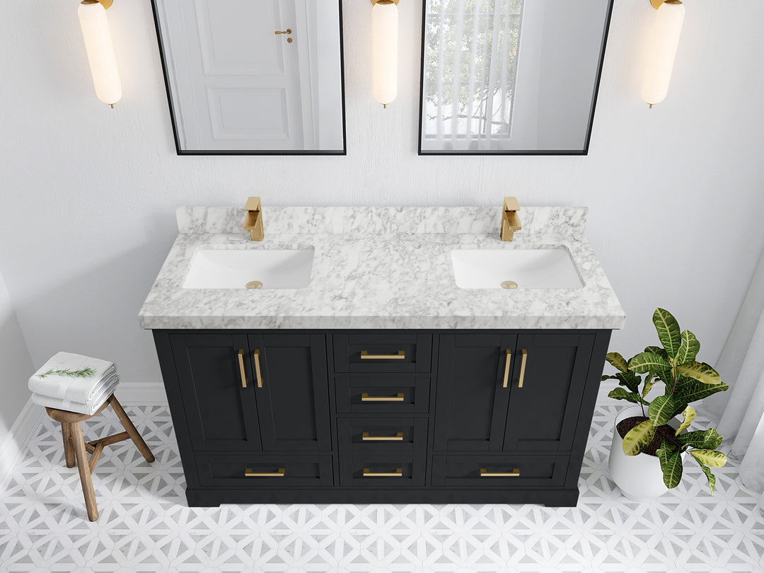 Boston 60 in. W x 22 in. D Double Sink Bathroom Vanity in Wrought Iron with 2 in Carrara Marble Countertop - Top View