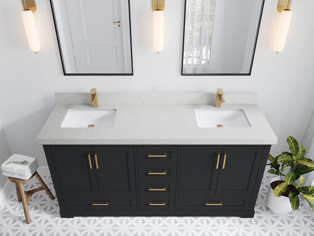 Boston 72 in. W x 22 in. D Double Sink Bathroom Vanity in Wrought Iron with 2 in Carrara Quartz Countertop - Top View