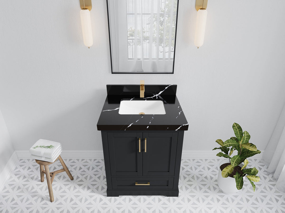 Boston 30 in. W x 22 in. D Single Sink Bathroom Vanity in Wrought Iron with 2 in Calacatta Black Quartz Countertop - Top View
