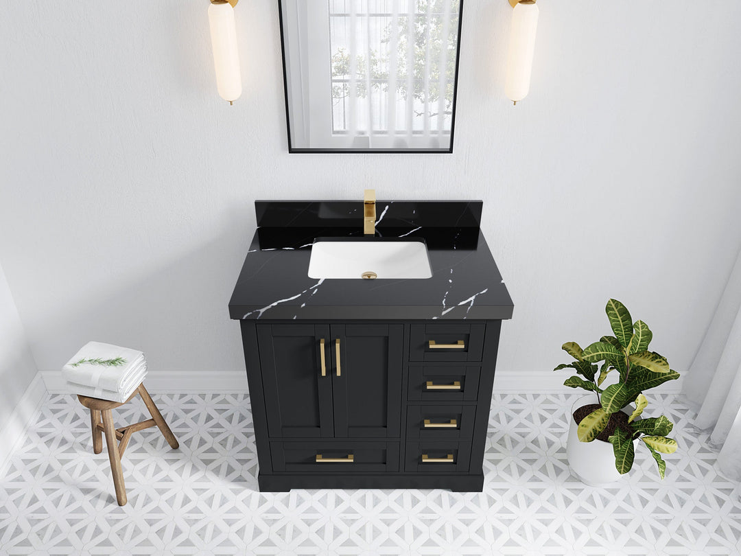 Boston 36 in. W x 22 in. D Single Sink Bathroom Vanity in Wrought Iron with 2 in Calacatta Black Quartz Countertop - Top View