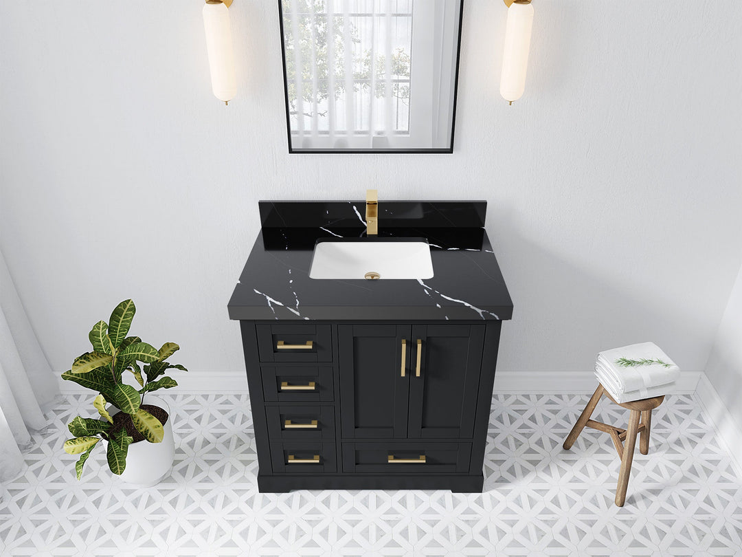 Boston 36 in. W x 22 in. D Single Sink Bathroom Vanity in Wrought Iron with 2 in Calacatta Black Quartz Countertop - Top View