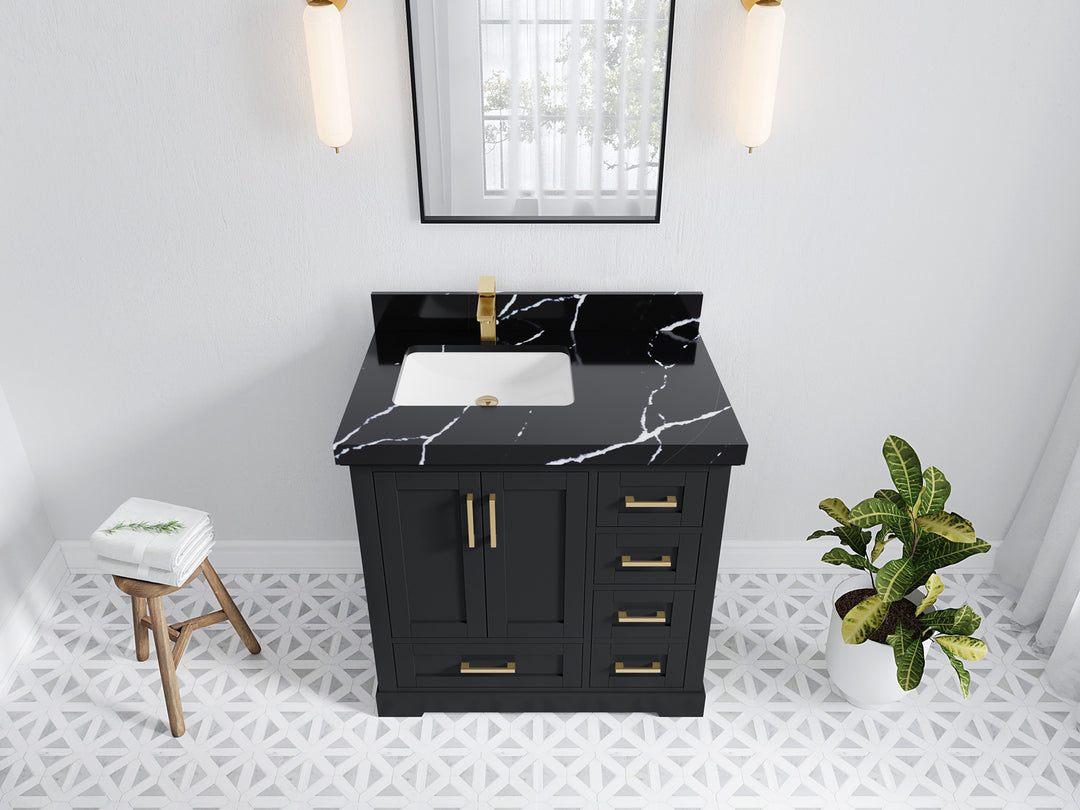 Boston 36 in. W x 22 in. D Single Sink Bathroom Vanity in Wrought Iron with 2 in Calacatta Black Quartz Countertop - Top View