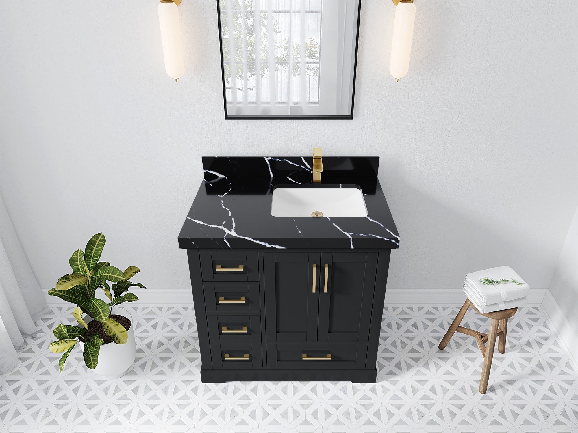 Boston 36 in. W x 22 in. D Single Sink Bathroom Vanity in Wrought Iron with 2 in Calacatta Black Quartz Countertop - Top View