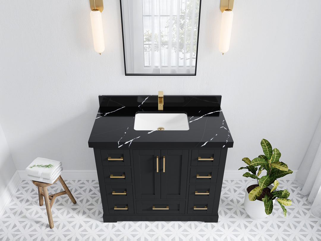 Boston 42 in. W x 22 in. D Single Sink Bathroom Vanity in Wrought Iron with 2 in Calacatta Black Quartz Countertop - Top View