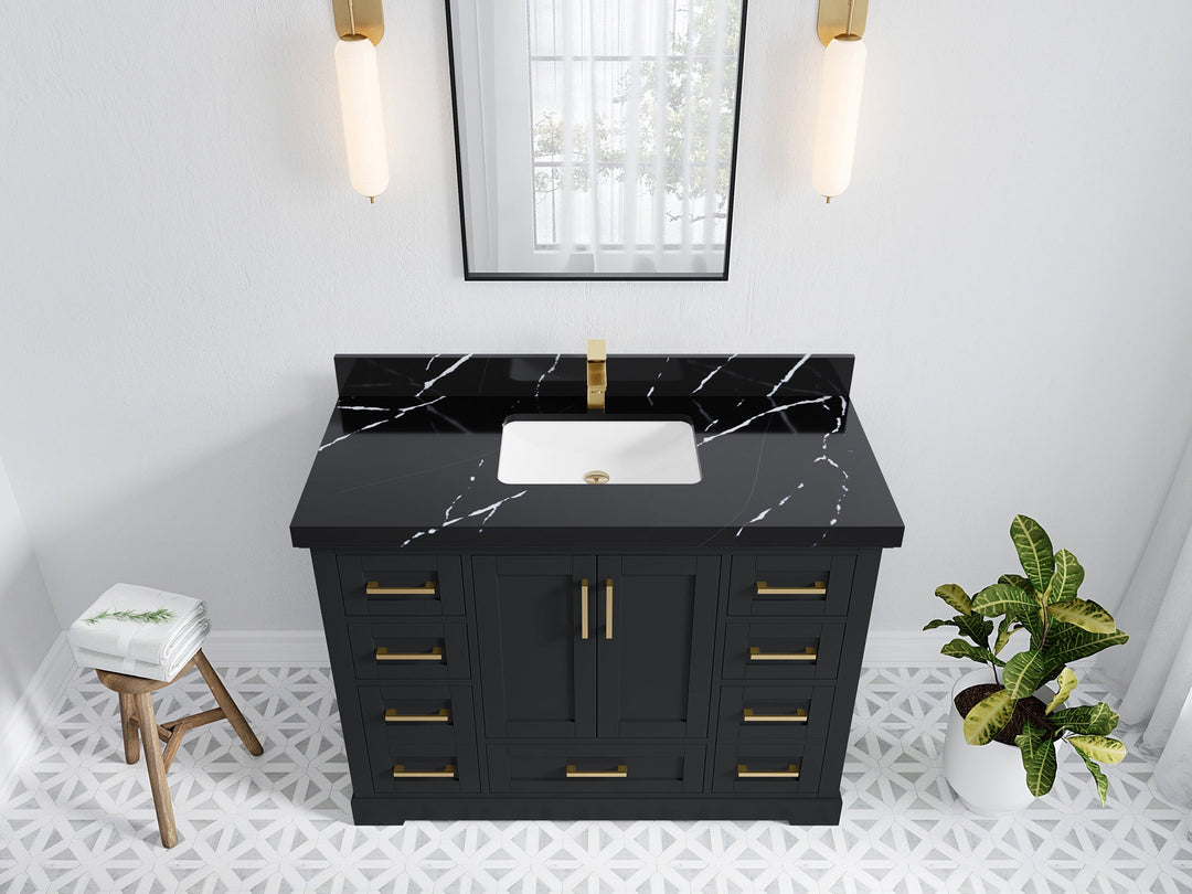 Boston 48 in. W x 22 in. D Single Sink Bathroom Vanity in Wrought Iron with 2 in Calacatta Black Quartz Countertop - Top View
