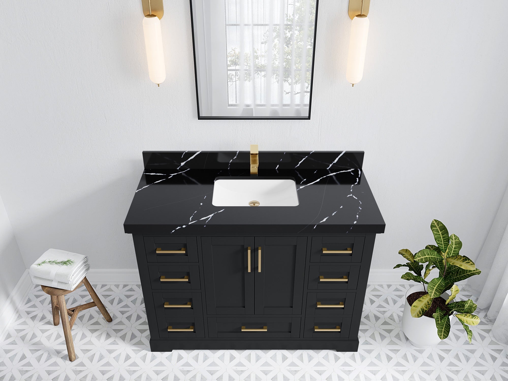 Boston 48 in. W x 22 in. D Single Sink Bathroom Vanity in Wrought Iron with 2 in Calacatta Black Quartz Countertop - Top View