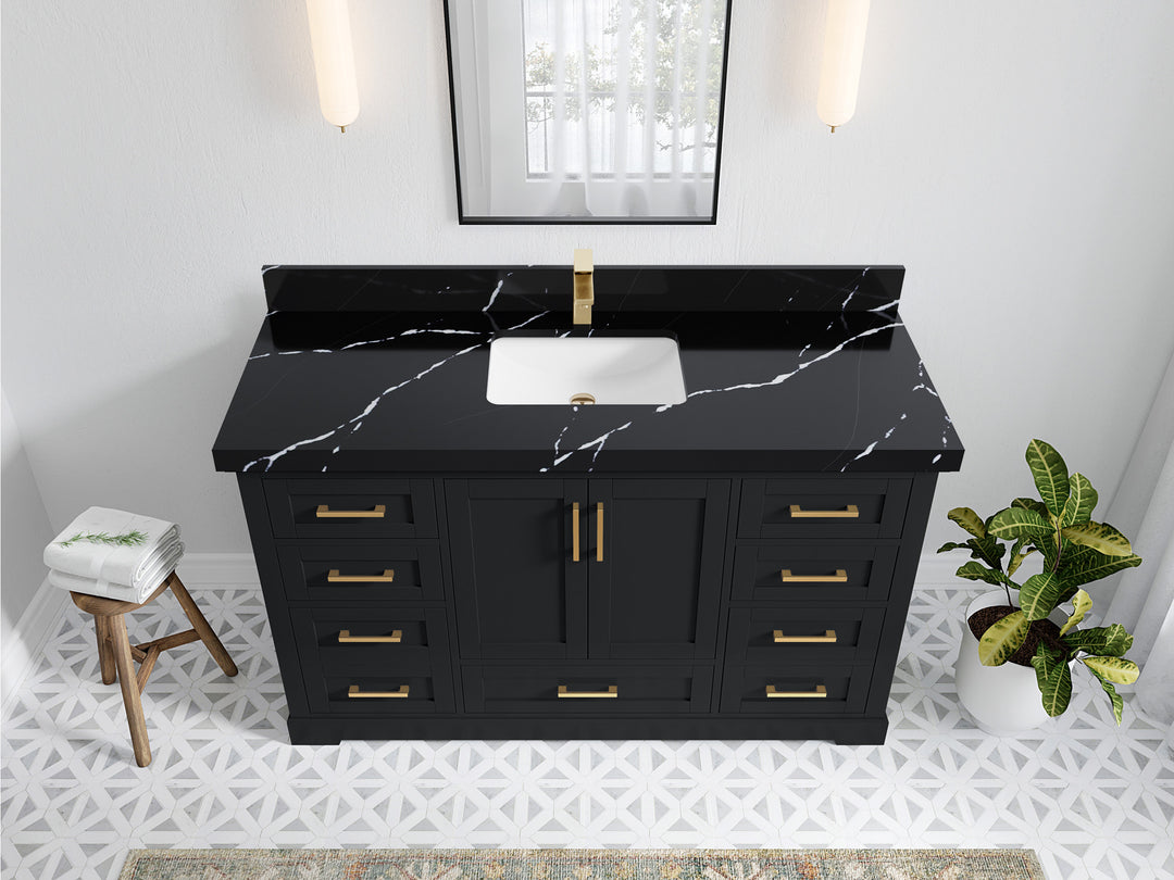 Boston 60 in. W x 22 in. D Single Sink Bathroom Vanity in Wrought Iron with 2 in Calacatta Black Quartz Countertop - Top View
