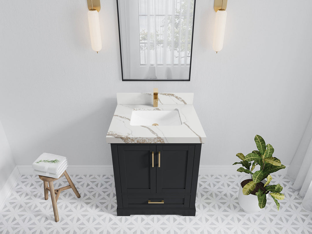 Boston 30 in. W x 22 in. D Single Sink Bathroom Vanity in Wrought Iron with 2 in Calacatta Gold Quartz Countertop - Top View