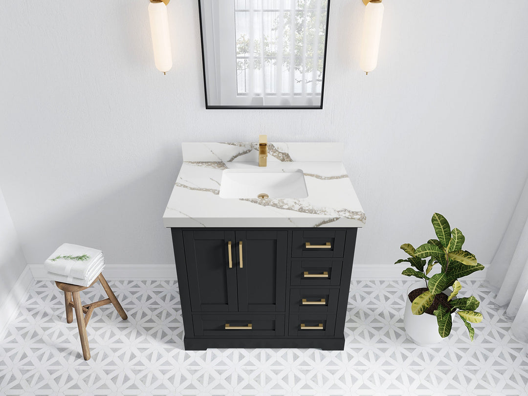 Boston 36 in. W x 22 in. D Single Sink Bathroom Vanity in Wrought Iron with 2 in Calacatta Gold Quartz Countertop - Top View