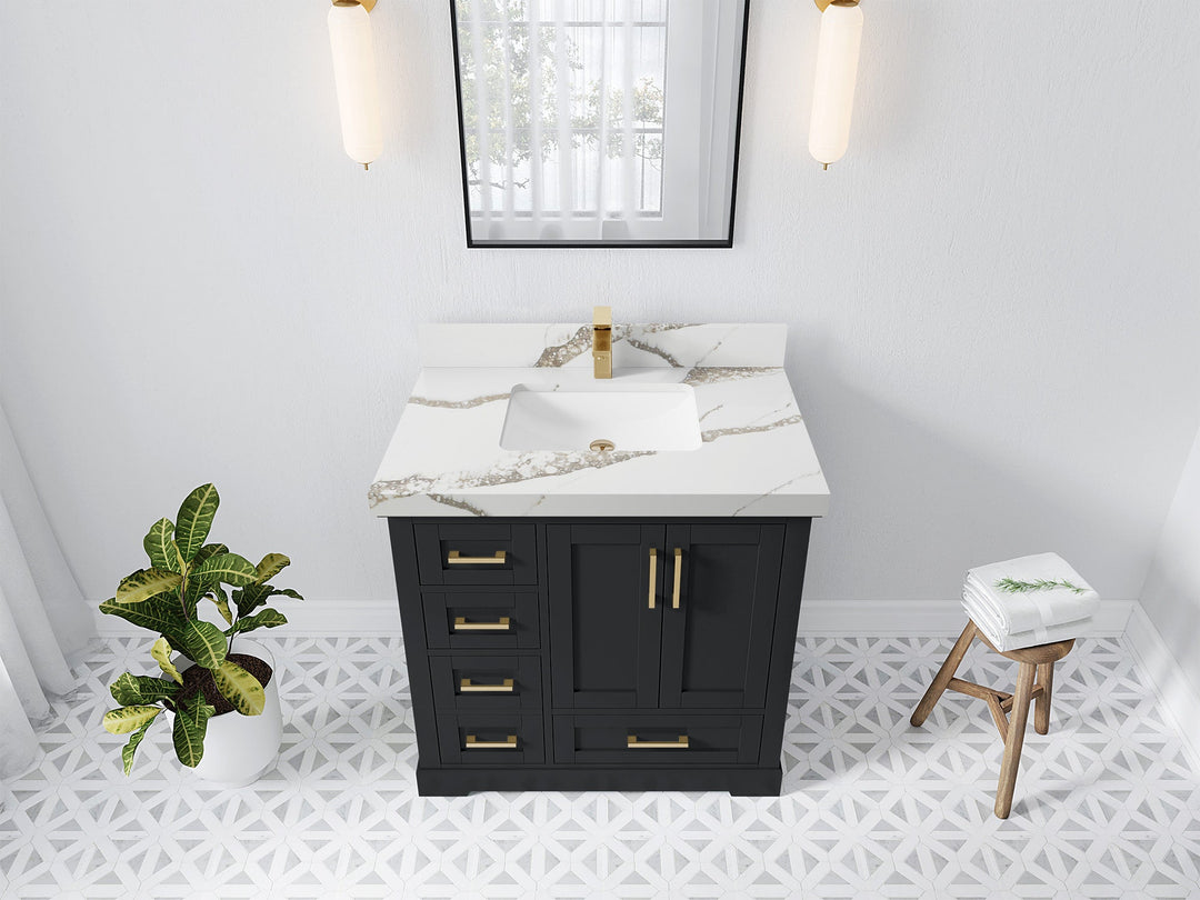 Boston 36 in. W x 22 in. D Single Sink Bathroom Vanity in Wrought Iron with 2 in Calacatta Gold Quartz Countertop - Top View