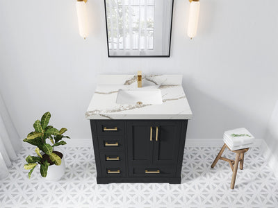 Boston 36 in. W x 22 in. D Single Sink Bathroom Vanity in Wrought Iron with 2 in Calacatta Gold Quartz Countertop - Top View