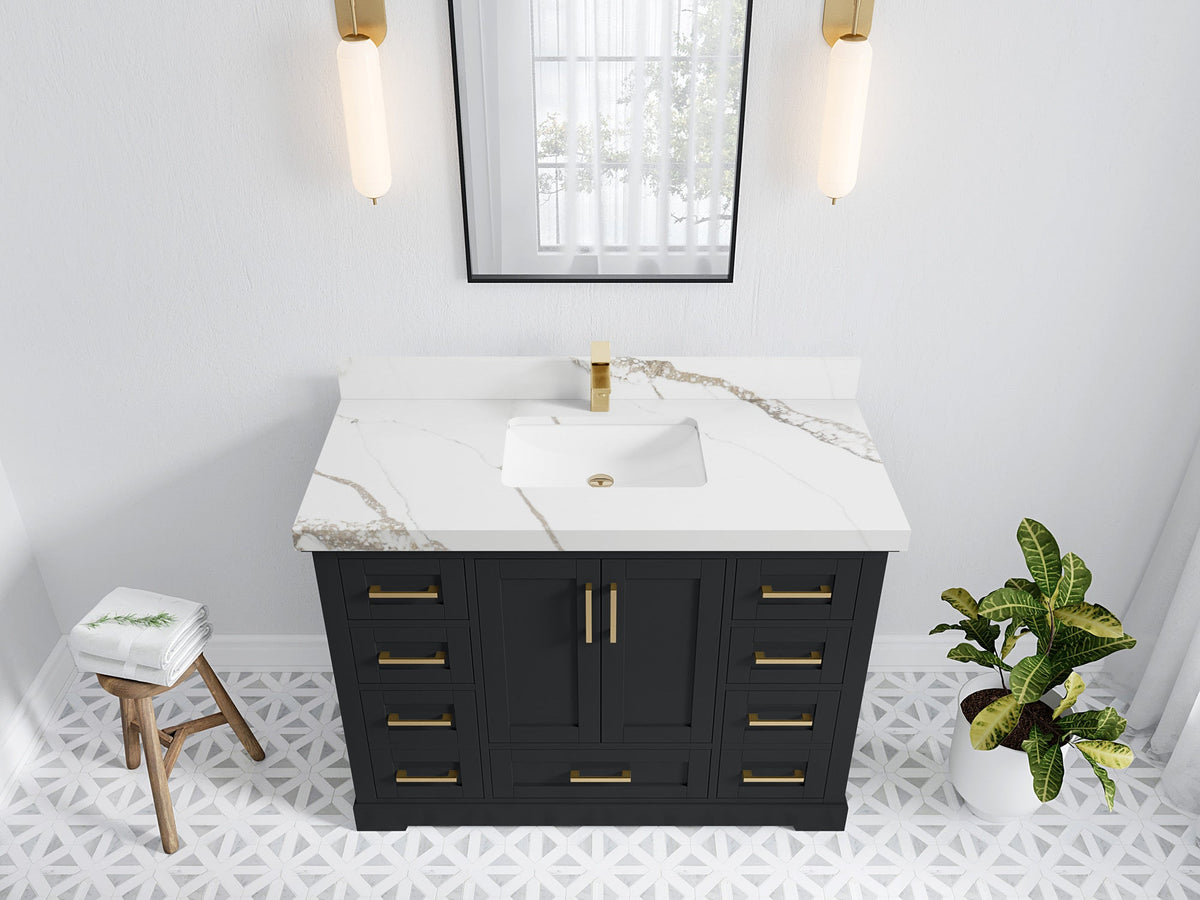 Boston 48 in. W x 22 in. D Single Sink Bathroom Vanity in Wrought Iron with 2 in Calacatta Gold Quartz Countertop - Top View