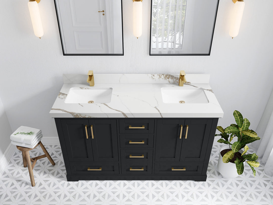 Boston 60 in. W x 22 in. D Double Sink Bathroom Vanity in Wrought Iron with 2 in Calacatta Gold Quartz Countertop - Top View