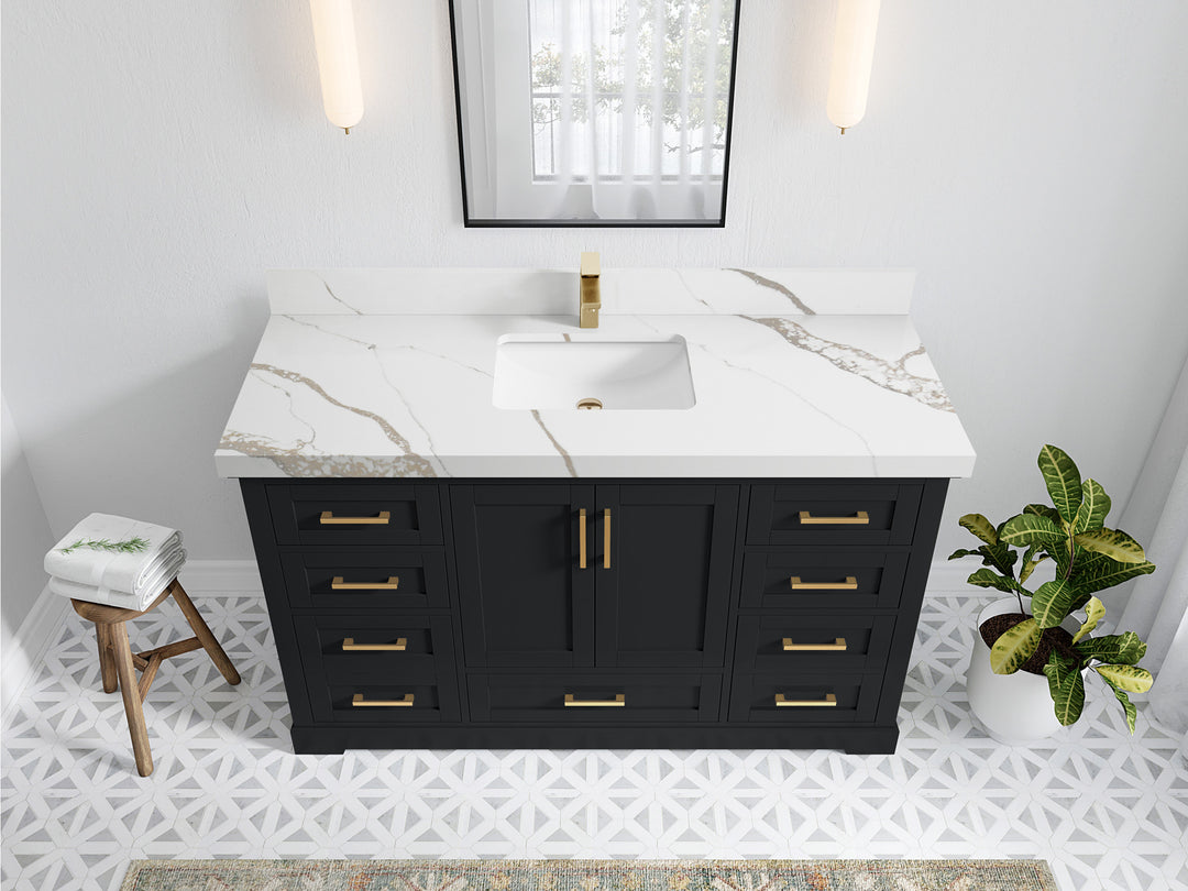 Boston 60 in. W x 22 in. D Single Sink Bathroom Vanity in Wrought Iron with 2 in Calacatta Gold Quartz Countertop - Top View
